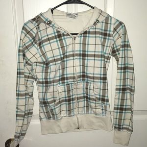 Offwhite Turquose and Brown Plaid Zip-Up Hoodie